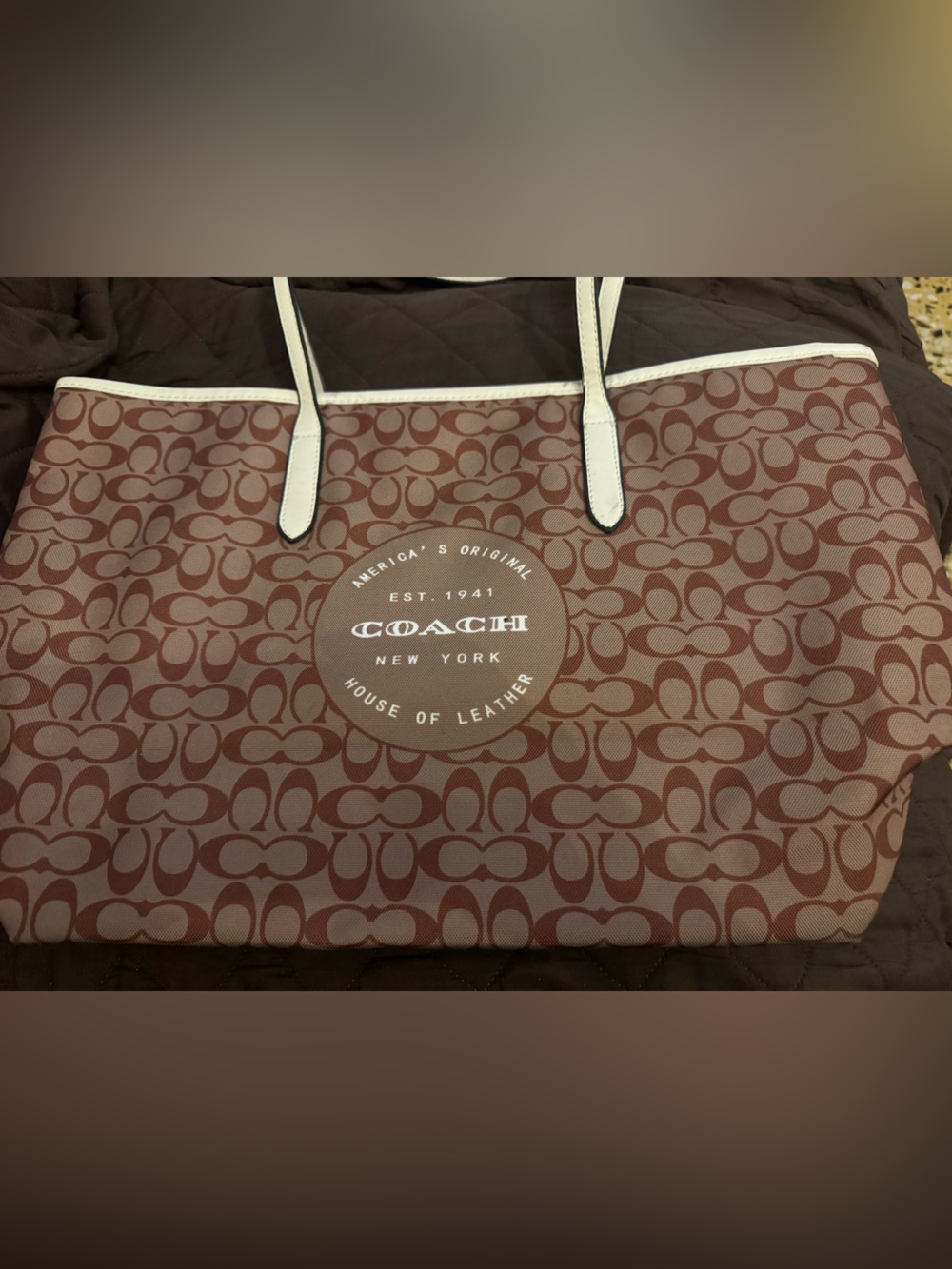Not Authentic Co@ch Monogram Tote in Rose Brown with White Trim
